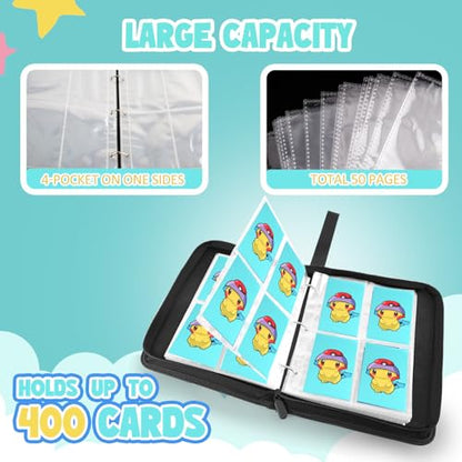 Premium Collectible Trading Card Albums，Card Binder Fits 400 Cards with 50 Removable Sleeves，Display Game Card Case book Holder, Green Themes - color: Grass Cartoon