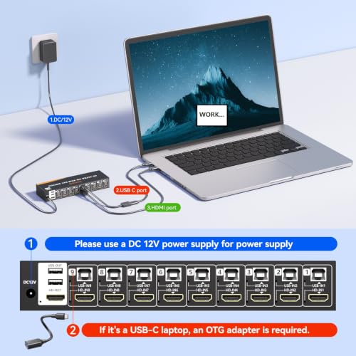 HDMI KVM Switch 9 Port, 4K@60Hz KVM Switch 9 Computers Share 1 Monitor and Keyboard Mouse, with USB 2.0 Ports, Support Button Switch/IR Remote Control, Adaptive EDID, Plug and Play.No EDID Simulation
