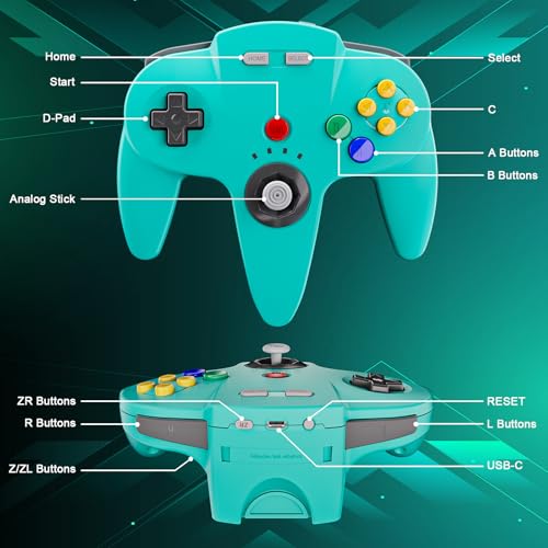 KIWITATA Wireless N64 Controller for Switch Online Games, 2.4GHZ N64 Wireless Remote Joystick Controller Compatible with N64 Console, Switch 1/2,Windows PC & MAC Turquoise - color: Turquoise
