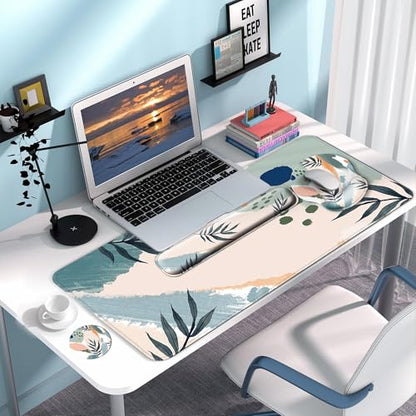 Desk Mat Set Keyboard and Mouse Pad with Wrist Rest Support | Ergonomic,Pain Relief, 4-in-1 Large Big Mousepad Computer Mats,Desk Pad Matt Mats for Desktop Home & Office - color: O-Leaves 2