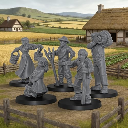 Fantasy TTRPG Village Life Scenery, 25mm Scale Unpainted Resin Civilian NPCs for Tabletop RPG Game, Townsfolk Commoner Miniatures 5pc Set - 1:64 Scale RPG Accessory, Villager NPC AS972
