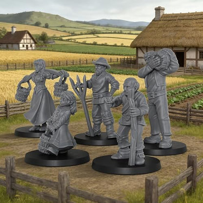 Fantasy TTRPG Village Life Scenery, 25mm Scale Unpainted Resin Civilian NPCs for Tabletop RPG Game, Townsfolk Commoner Miniatures 5pc Set - 1:64 Scale RPG Accessory, Villager NPC AS972