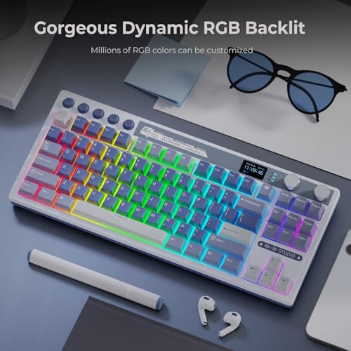 RK ROYAL KLUDGE M87 Wireless Gaming Keyboard with Screen & Dual Knobs, Blue | Bluetooth/2.4G/Wired, Hot Swappable Cream Switches, 5-Layer Noise Dampening Gasket Structure,Compact 75% Size for PC/WIN/Mac - color: Blue