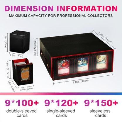 9IN1 MTG Deck Box with Handle, Fits 1000 Trading Cards or 8 Commander Decks, Premium Black Red Leather TCG Storage Case with 8 Removable Trays and 10 Dividers, Compatible with Magic, Yu-Gi-Oh! - color: Black Red