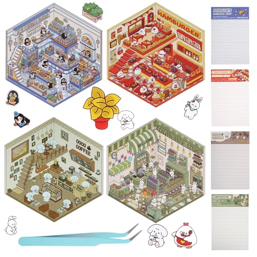 3D House Stickers,DIY Sticker Therapy for Adult Fun Cute Cartoon Stickers | Scene Make Your Own for MINI Room Scenes for MINIature Supermarket for Relief Stress Pass The Time (4 Pcs) - size: 4 Pcs Regular