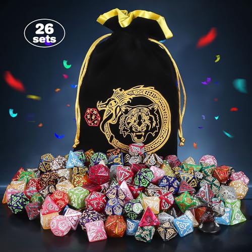 CiaraQ Holiday Theme Polyhedral Role Playing Dice with Pouch | 26 acrylic dice sets – 182 pcs total, 7 per set (D4-D20). Lightweight & durable. Great for D&D & tabletop games. Ages 14+. - color: 26 Colors - Festival Theme