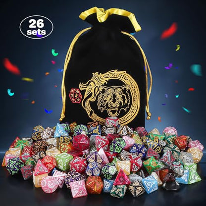 CiaraQ Holiday Theme Polyhedral Role Playing Dice with Pouch | 26 acrylic dice sets – 182 pcs total, 7 per set (D4-D20). Lightweight & durable. Great for D&D & tabletop games. Ages 14+. - color: 26 Colors - Festival Theme