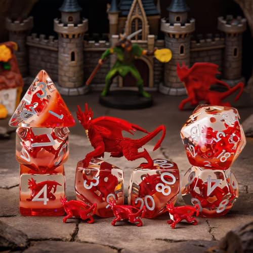 DND Resin Dice Set, Polyhedral D&D Red Dragon Dice Inclusion Dice for Dungeons and Dragons MTG RPG (Red Dragon) - color: Red Dragon