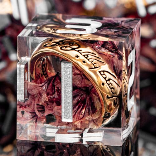 Magic Golden Ring DND Dice Set Sharp Edge Resin Dice with Case, Pink Flower Lord D and D Dice for use with D&D RPG Role Playing Games, Polyhedral Dice Set D20 D12 D10 D8 D6 - color: Ring-flower-1