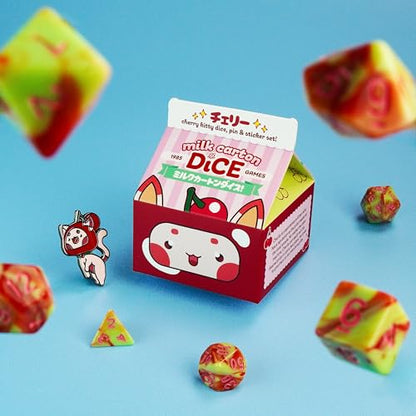 1985 Games Cherry Cat Milk Carton Dice Set – Milk Carton-Inspired Dice for DND | TTRPGs & Tabletop Roleplaying - color: Cherry