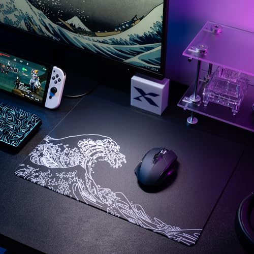 XVX Glass Gaming Mouse Pad, Black Kanagawa Hard Mousepads for Gaming,Professional Large Mouse Mat 16.2" x 12.2", Special Glass Surface with Improved Precision and Speed - color: Black(Kanagawa)