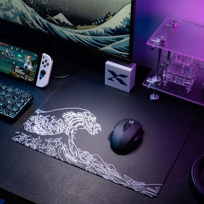XVX Glass Gaming Mouse Pad, Black Kanagawa Hard Mousepads for Gaming,Professional Large Mouse Mat 16.2" x 12.2", Special Glass Surface with Improved Precision and Speed - color: Black(Kanagawa)