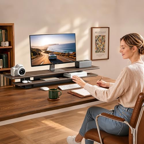 PEGZONE Dual Monitor Stand, Clamp-On Wooden Monitor Stands Riser for 2 monitors,41.7" Computer Monitor Riser for Desk, 2-Tier Desktop Organizer with Magnetic Back Panel for Computer & Laptops