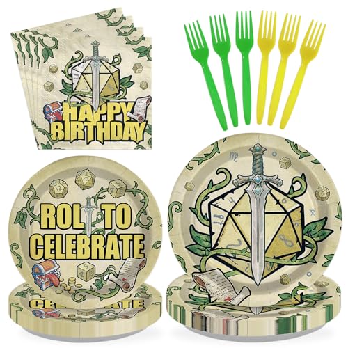 96Pcs Retro D20 Dice Dungeons Party Decorations, Serves 24 | Dungeons Theme Game Dragons Dice Plates and Napkins Roll to Celebrate Tableware Set for Men Boy Husband Party Supplies - style: Vintage Dice Plates m