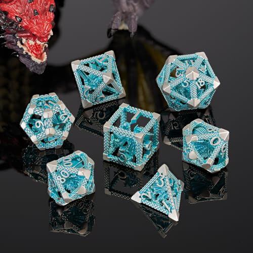 3D Hollow Dragon Dice Set, 7-Piece Metal DND Dice, Blue White | Lightweight copper hollow polyhedral dice with clear numbers,gift box and velvet bag for DND players and collectors. - color: Blue White Dragon