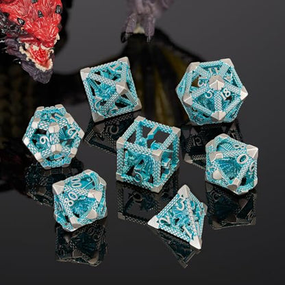 3D Hollow Dragon Dice Set, 7-Piece Metal DND Dice, Blue White | Lightweight copper hollow polyhedral dice with clear numbers,gift box and velvet bag for DND players and collectors. - color: Blue White Dragon