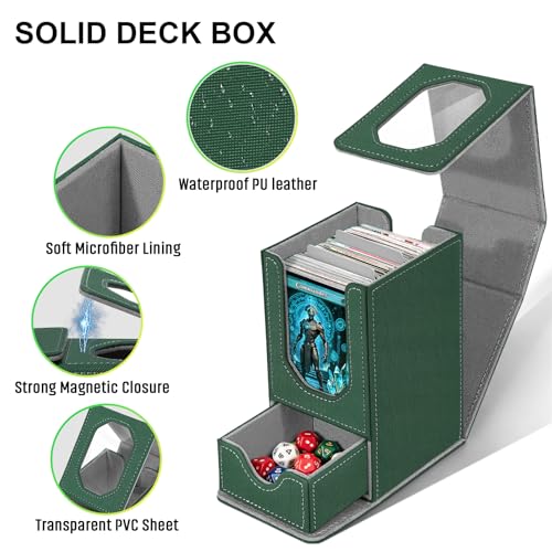 Card Deck Box for MTG Commander, Fits 100+ Double-Sleeved Cards Card Case | with Detachable Dice Tray, 2 Dividers, Removable lid, Trading Card Storage Box, Sturdy and Durable, Fits TCG/PTCG/Sports Card - color: Dark Green and Dark Gray
