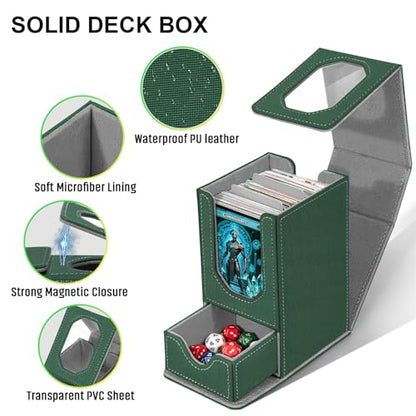Card Deck Box for MTG Commander, Fits 100+ Double-Sleeved Cards Card Case | with Detachable Dice Tray, 2 Dividers, Removable lid, Trading Card Storage Box, Sturdy and Durable, Fits TCG/PTCG/Sports Card - color: Dark Green and Dark Gray
