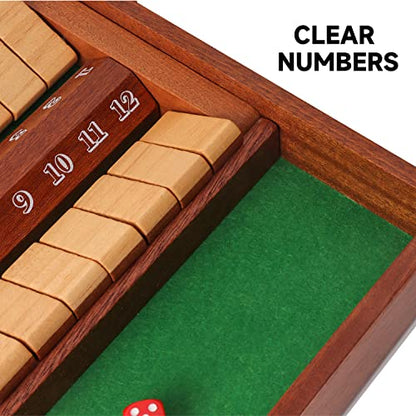 GSE 2-Player Wooden Shut The Box 12 Numbers, 12 Spots Dice Game with 4 Dice | Fun Educational Math Game, Addition Training, For Kids & Adults, Family Game Night, Classes, Parties, Bars, Travel, Camping