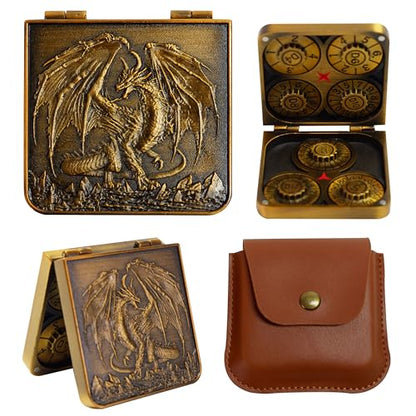 Metal DND Dice Set 7-in-1 Spinner with Dragon Case - Ancient Bronze | Foldable polyhedral dice, for Dungeons & Dragons RPG games, Premium metal spinner,3D dragon, storage case included - color: Ancient Bronze
