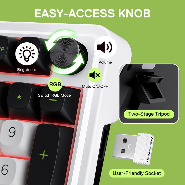Redragon K686 PRO 98 Keys Wireless Gasket RGB Gaming Keyboard, 3-Mode PBT Mechanical Keyboard w/Hot-Swap Socket, Dedicated Knob Control & 5-Layer Noise Dampening, Custom Linear Switch - color: GreenFlash Genji, size: 98 Keys
