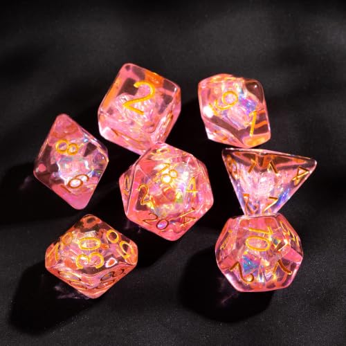 UDIXI DND Dice Set Pink Polyhedral Dice Set Sparkling Inclusions for D&D | Resin Material, Velvet Storage Bag, DM Gift, for Dungeons and Dragons Role Playing Games Tabletop Games - color: Pink