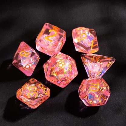 UDIXI DND Dice Set Pink Polyhedral Dice Set Sparkling Inclusions for D&D | Resin Material, Velvet Storage Bag, DM Gift, for Dungeons and Dragons Role Playing Games Tabletop Games - color: Pink