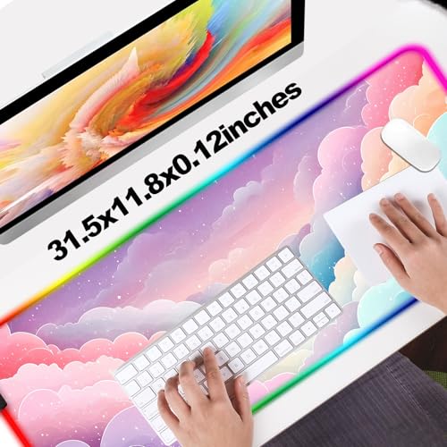RGB Dreamy Colorful Cloud and Star Gaming Desk Mat, Computer Keyboard Large Extended Long Girly LED Mouse Pad for Office and Home, XL (W08) - color: Rgb-w08