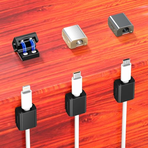 AGVEE 8 Pack Cord Organizer Clips Cable Management Holder, Aluminum | 10mm Ultra-Thin, 6X Powerful Magnetic Closure Snap Keeper for Home Desk Office Gadgets Accessories, Residue-Free Tape - color: Black, size: 8 Pack
