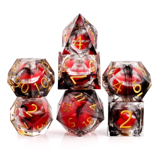 Haxtec Sharp Edge DND Dice Set – Black Red Swirls Resin Polyhedral Dice with Blood Liquid Core, Compatible with Dungeons and Dragons, Great Gift for RPG Players - color: Blood & Black