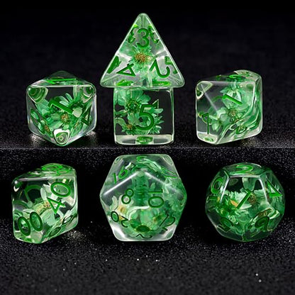 DND Resin Flower Dice Set, D&D Polyhedral Dice for Dungeons and Dragons RPG, MTG Role Playing Games D and D Dice 7pc D20 D12 D10 D8 D6 D4 - color: Green Flowers