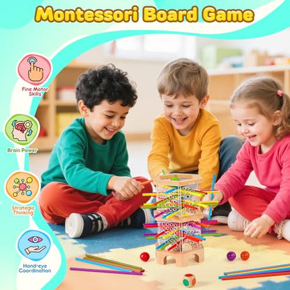 Montessori Wooden Board Game with 42 Sticks & Dice for Kids Ages 3-6 | Math Learning Toys Fine Motor Skills & Counting Educational Toy, Family Travel Game Birthday Gifts for Boys Girls