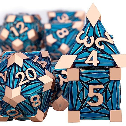 7PCS Metal DND Dice Set with Box, Debris RPG Copper Blue D and D Dice for use with D&D Tabletop Games Role Playing Game Polyhedral Dice Set D20 D12 D10 D8 D6 D4 - color: Chartreuse