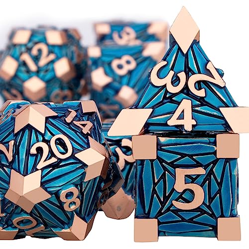 7PCS Metal DND Dice Set with Box, Debris RPG Copper Blue D and D Dice for use with D&D Tabletop Games Role Playing Game Polyhedral Dice Set D20 D12 D10 D8 D6 D4 - color: Chartreuse