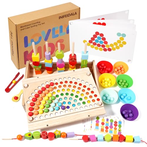 INIFEIDALA Montessori Toys for 3 4 5 Year Old,Gifts for Toddlers | Stacking Blocks, Lacing Beads & Shape Stacker, Wooden Beads Sequencing Toy Set, Fine Motor Skills & STEM Preschool Learning - style: Lacing Beads