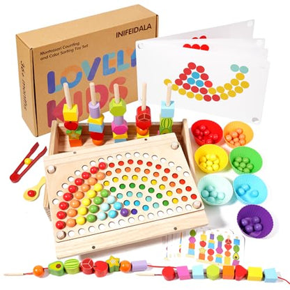 INIFEIDALA Montessori Toys for 3 4 5 Year Old,Gifts for Toddlers | Stacking Blocks, Lacing Beads & Shape Stacker, Wooden Beads Sequencing Toy Set, Fine Motor Skills & STEM Preschool Learning - style: Lacing Beads
