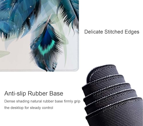 Large Gaming Mouse Pad with Stitched Edges, Desk Pad Extended Keyboard Mat, Non-Slip Rubber Base Mousepads for Laptop, Office, Home, 31.5X11.8 inch Watercolor Peacock Feather - color: Watercolor Peacock Feather