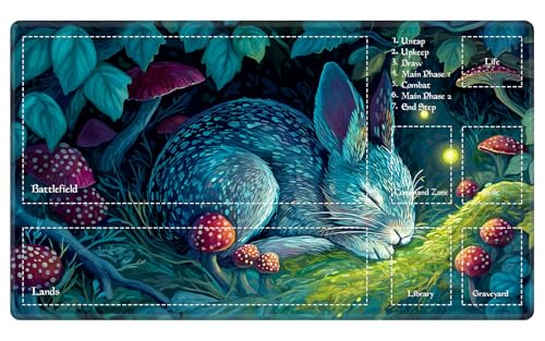 Enchanted Forest Sleeping Bunny MTG Playmat, Magical Mushroom TCG Mat with Game Zones, EDGFRTOIO Tabletop Magic Play Mats 24"x14" Non-Slip Rubber Base for Trading Card Games Battles - color: Enchanted Forest Sleeping Bunny, size: 24"X14" With Zones