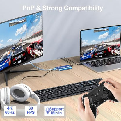 Video Capture Card, Audio Video Capture Card, USB 3.0 Capture Card 4K HDMI Loop-Out, 1080P 60FPS Video Game Capture for Streaming Works for PS5/Switch/Camera/PC/OBS (Blue) - color: Blue