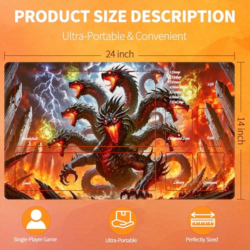 MTG Playmat with Storage Tube & 7-Dice Set - Waterproof TCG Playmat with Stitched Edges, Non-Slip Rubber Card Game Mat (24"x14") (playmat with Zones, Dragon Fire Vortex) - color: Dragon Fire Vortex, style: playmat with zones