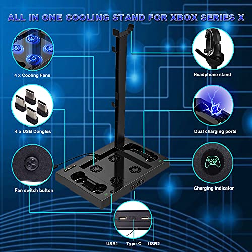 Megadream XOX Series X Stand with Fan, Dual Controller Charging Dock Station with 4 Cooling Fan, 1 Headphone Holder, 2 Pack 1400mAh Rechargeable Batteries for XOX Series X Console, Black