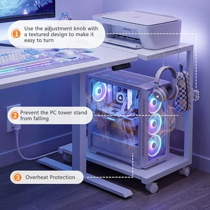 Height Adjustable PC Tower Stand with Charging Station | Computer Tower Stand with LED Light Strip, 23.6" × 15.7" Mobile Rolling CPU Holder for Office Home (White Texture,Large) - color: White Texture, size: 23.6'' × 15.7''