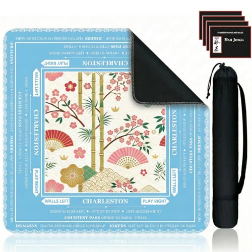 Blue Mahjong Mat for Table, American Mahjong Table Mat with Rules & Bag, Mahjong Gifts, Non-Slip Neoprene Travel Mahjongs Tables Cloth for Poker, Board Card Games, 32.4x32.4 Inch(Chinoiserie)