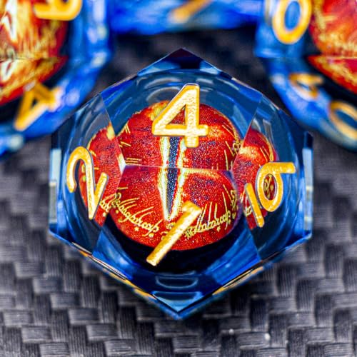 ARUOHHA DND Resin Dice Gazes Eye Dice Golden Blue Liquid Core Flaming RPG Sharp Edged Dice Set with Gift Box, Polyhedral D and D Dice Set Compatible with Dungeons Dragons Role Playing Game D20 D6 - color: Sl01-blue Gold