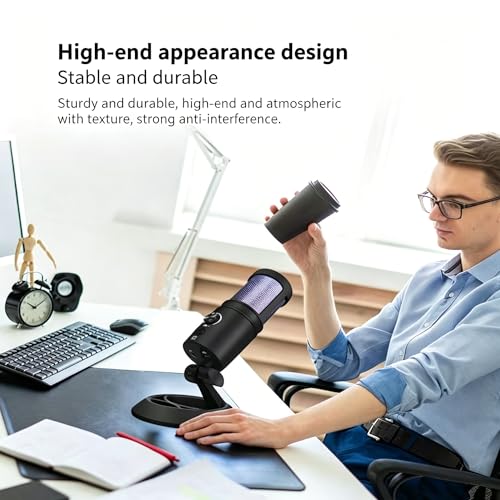 USB Gaming Condenser Microphone with RGB Light, One-Touch Mute, Volume Control, Desktop Stand, for PS4/PS5 and PC