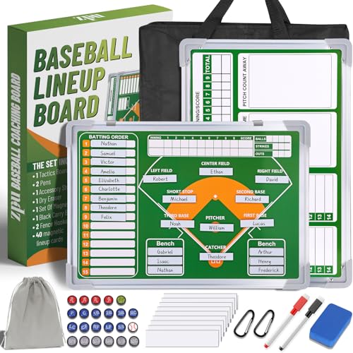 ZPU Magnetic Baseball Lineup Board for Dugout, Baseball/Softball Clipboard for Coaches, Baseball Coaching Board with Dry Erase, Marker pens, Lineup Cards, Magnets & Storage Bag - color: Baseball-green-new