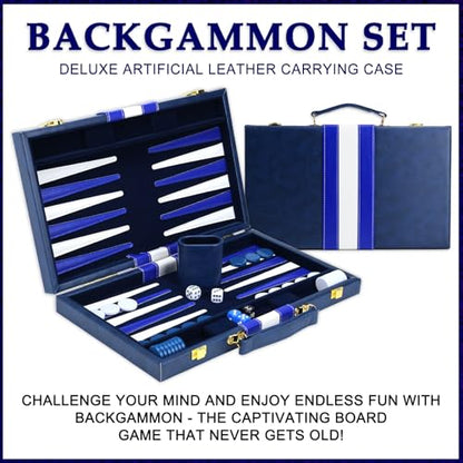 Large Backgammon Sets for Adults - Classic Board Games for 2 Players Adults and Kids - Premium Backgammon Set 15 inch Board and 30 Backgammon Pieces in Quality PU Leather Case - Gift for Man (Blue) - color: Blue