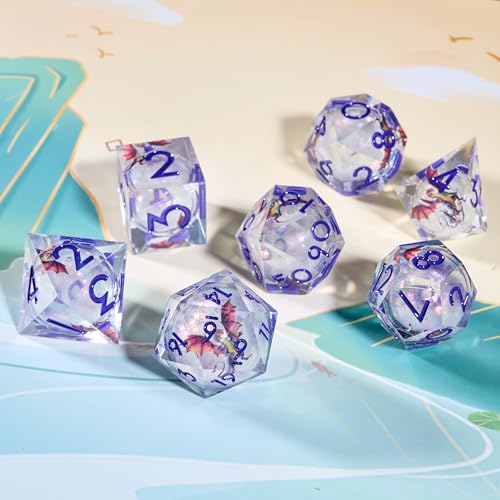 Dragon Pattern Polyhedral Dice Set, 7-Piece Clear Resin with Blue Numbers, D20 D12 D10 D8 D6 D4 D%, Fantasy Theme for Dungeons D and D RPGs, MTG, Pathfinder and Board Games - color: Resin Dragon-deep Blue