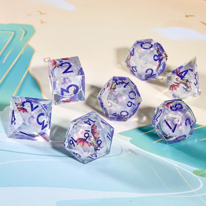 Dragon Pattern Polyhedral Dice Set, 7-Piece Clear Resin with Blue Numbers, D20 D12 D10 D8 D6 D4 D%, Fantasy Theme for Dungeons D and D RPGs, MTG, Pathfinder and Board Games - color: Resin Dragon-deep Blue