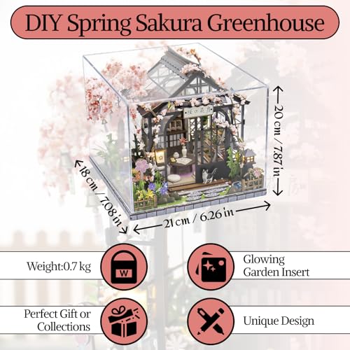 MINORIA Sakura Greenhouse DIY - Miniature House Building Kit-3D Wooden Cherry Blossom Dollhouse with Acrylic Dust Cover - LED Light